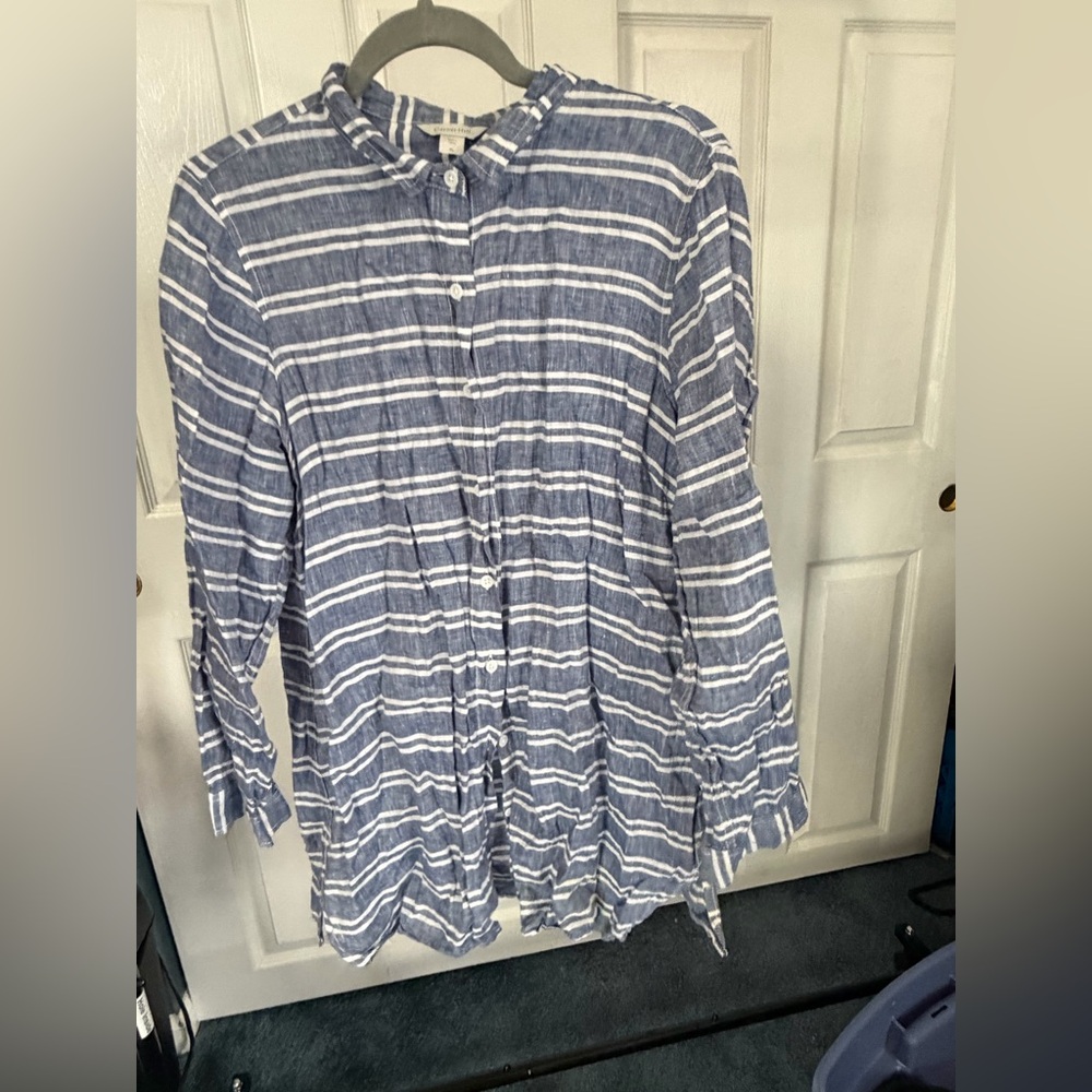 Garnet Hill 100% Linen Striped Button Down Blouse